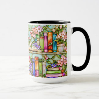 Bloemrijke Boekenplank Glas-in-Lood Stijl Mok