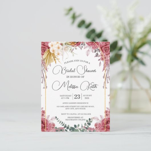 Bloemrijke bordeaux gouden eucalyptus bruidsdouche briefkaart (Staand voorkant)