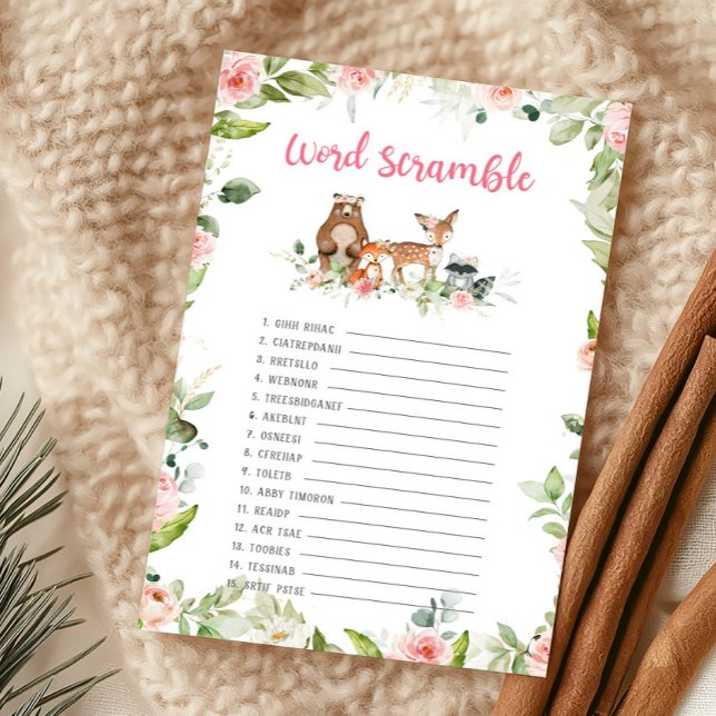 Bloemrijke Bos Shower Woordzoekspel (Girl Woodland Animals Baby Shower Word Scramble Game)