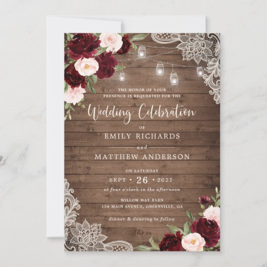 Bloemrijke Bourgogne Blush Kant Houten Slingerlich Kaart (Voorkant)