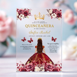 Bloemrijke Bourgondië Vlinder Prinses Quinceanera Acryl Uitnodigingen