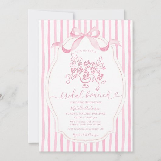 Bloemrijke Bruidsbrunch Elegante Roze Streep Bruid Kaart (Voorkant)