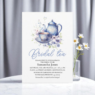 Bloemrijke Chinoiserie Blauwe Theepot Bruidsuitnod Kaart
