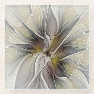 Bloemrijke fractal, fantasiebloem met aardetinten glazen onderzetter