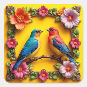 🐦 Bloemrijke Frame Zangvogels Kleurrijke Natuur K Vierkante Sticker