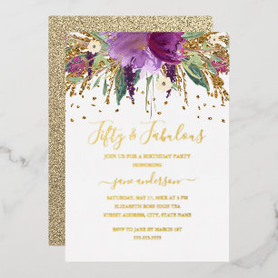 Bloemrijke Glitter Amethyst 50 & Fantastische Verj Folie Uitnodiging