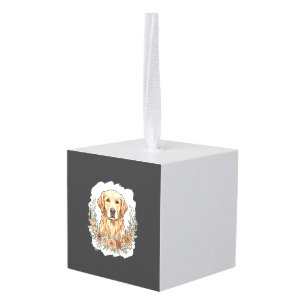 Bloemrijke Golden Retriever Sublimatie Kubus Ornament