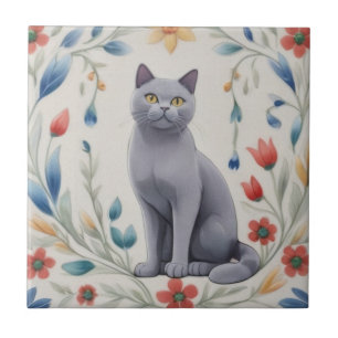 Bloemrijke Grijze Katten - Grijze Kat Kleurrijke V Tegeltje