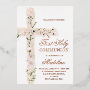 bloemrijke Heilige kruis Eerste Heilige Communie Folie Uitnodiging