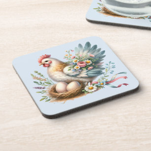 Bloemrijke Hen met Eieren Vintage Boerderij Charme Bier Onderzetter