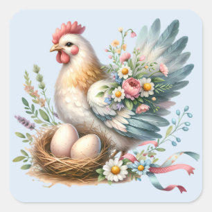 Bloemrijke Hen met Eieren Vintage Boerderij Charme Vierkante Sticker