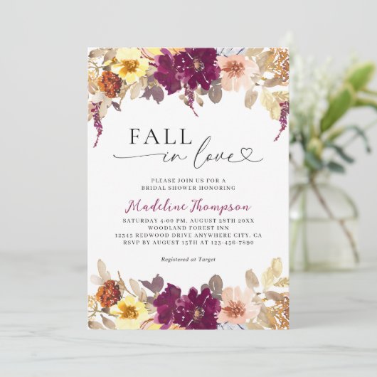 Bloemrijke Herfst Verliefd Hart Script Bruidsdouch Kaart (Staand voorkant)