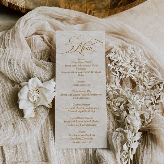 Bloemrijke Ivoren Elegante Script Bruiloft Menu