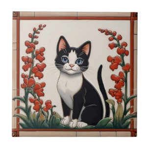 Bloemrijke katten - Zwart-Witte Kat Rode Bloementu Tegeltje