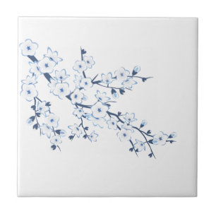 Bloemrijke Kersenbloesem Blauw Wit Tegeltje