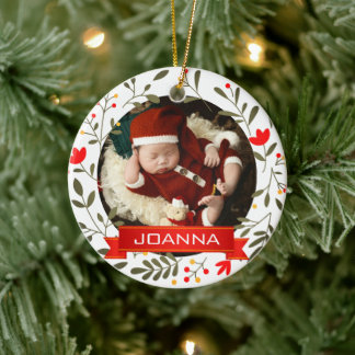 Bloemrijke Kerst Eerste Kerstmis Baby Foto Keramisch Ornament