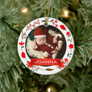 Bloemrijke Kerst Eerste Kerstmis Baby Foto Keramisch Ornament