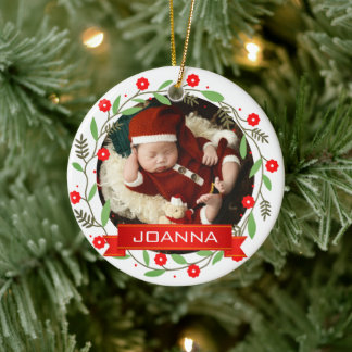 Bloemrijke Kerst Eerste Kerstmis Baby Foto Keramisch Ornament