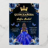 Bloemrijke Koningsblauwe Vlinder Prinses Quinceane Folie Uitnodiging (Voorkant)