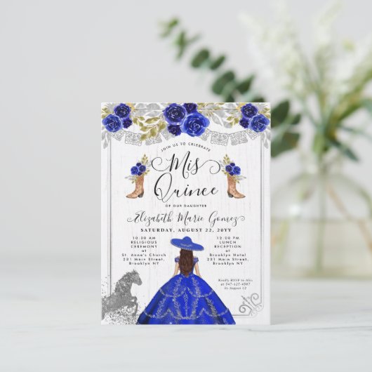 Bloemrijke Koningsblauwe Zilveren Charra Paard Qui Uitnodiging Briefkaart (Staand voorkant)