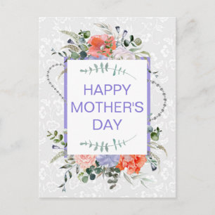Bloemrijke Lente Koraal & Paarse Bloemen Moederdag Briefkaart