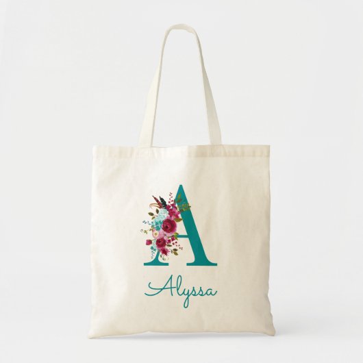 Bloemrijke Letter A Script Monogram Teal Roze Tote Bag (Voorkant)
