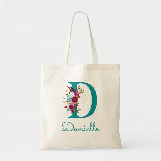 Bloemrijke Letter D Script Monogram Teal Roze Tote Bag (Voorkant)