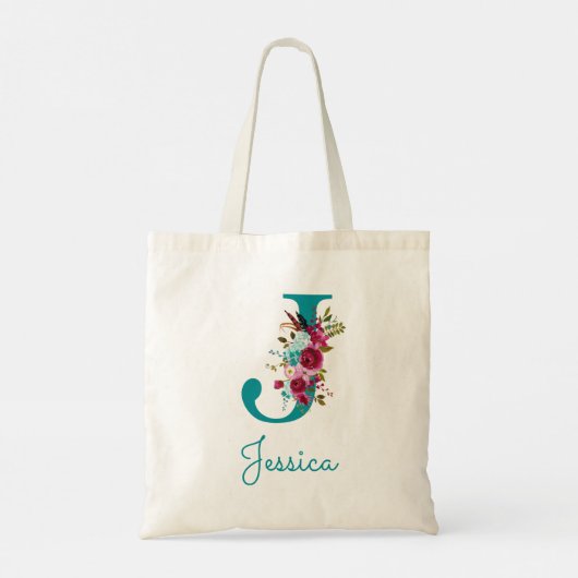Bloemrijke Letter J Script Monogram Teal Roze Tote Bag (Achterkant)