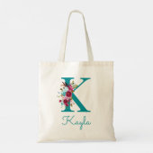 Bloemrijke Letter K Script Monogram Teal Roze Tote Bag (Achterkant)