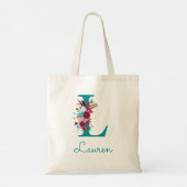 Bloemrijke Letter L Script Monogram Teal Roze Tote Bag (Achterkant)