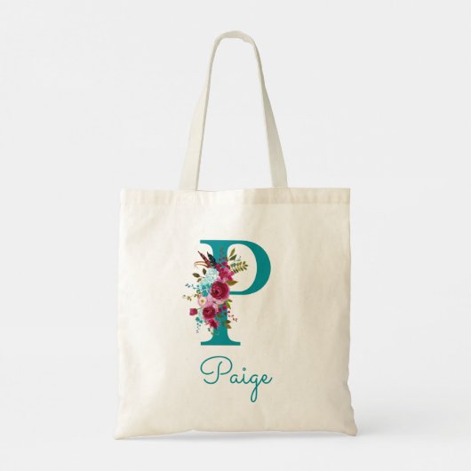 Bloemrijke Letter P Script Monogram Teal Roze Tote Bag (Achterkant)