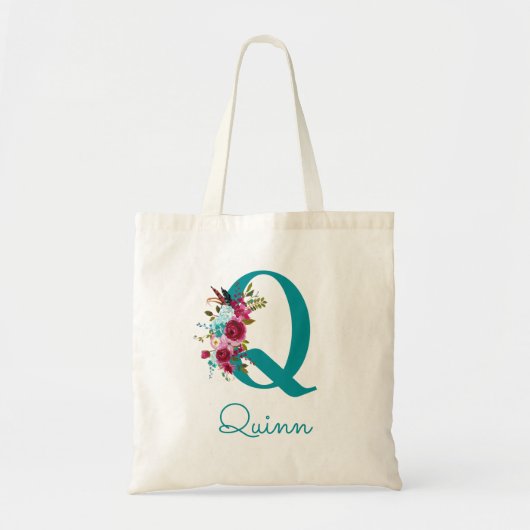 Bloemrijke Letter Q Script Monogram Teal Roze Tote Bag (Voorkant)