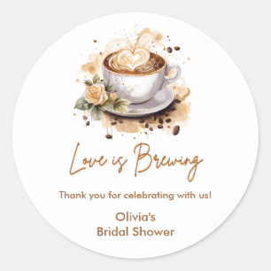 Bloemrijke Liefde Bruist Bruine Koffie Bruidsdouch Ronde Sticker