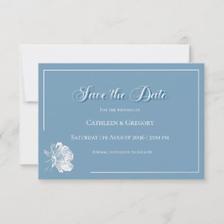 Bloemrijke Lijnkunst Stofblauwe Witte Bruiloft Save The Date