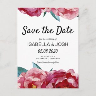 Bloemrijke Marsala Bourgogne Pioen "Save the Date" Aankondigingskaart