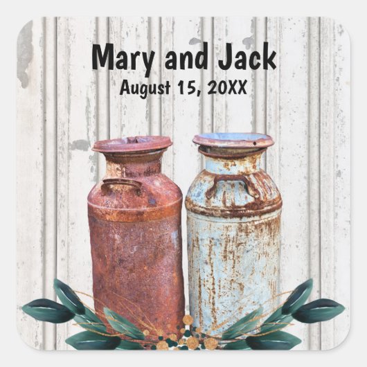 Bloemrijke Melkblikken Antiek Sieraard Rustiek Vierkante Sticker (Voorkant)