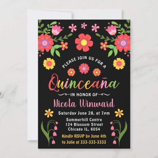 Bloemrijke Mexicaanse Fiesta Quinceañera Kaart (Voorkant)