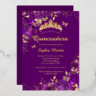 Bloemrijke Paarse Vlinder Gouden Quinceanera  Folie Uitnodiging