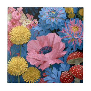Bloemrijke paddestoelentuin in roze en blauw tegeltje