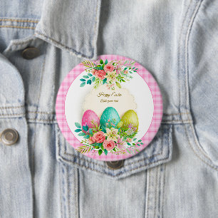 Bloemrijke Pasen Eieren & Waterverf Roze Rozen Ronde Button 4,0 Cm