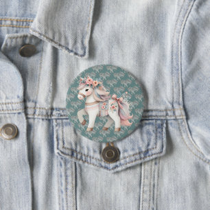 Bloemrijke Pastel Paard Fantasie Illustratie Ronde Button 7,6 Cm
