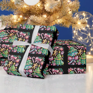Bloemrijke Preppy Kerstboom Strik Coquette Roze Bl Cadeaupapier