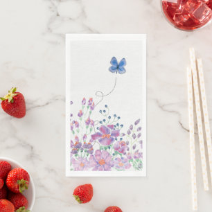 Bloemrijke rand met blauwe vlinder servet