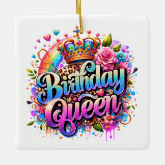 Bloemrijke Regenboog Verjaardags Koningin Keramisch Ornament