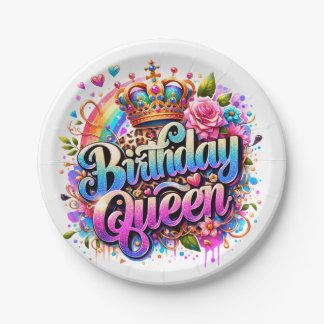 Bloemrijke Regenboog Verjaardags Koningin Papieren Bordje