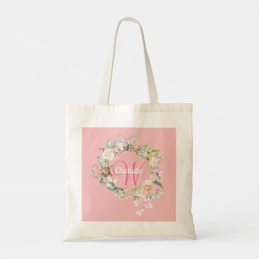 Bloemrijke Roze Gouden Script Monogram Roze Tote T (Achterkant)