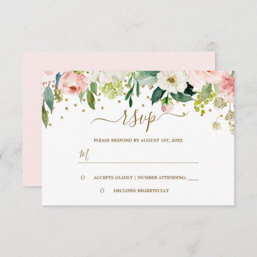 Bloemrijke Roze Perzik Gouden Confetti RSVP (Voorkant / Achterkant)