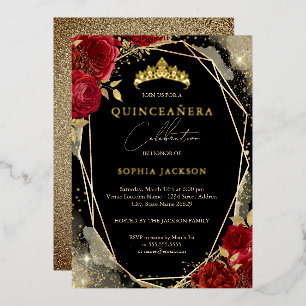 Bloemrijke Roze Rode Gouden Tiara Quinceanera Folie Uitnodiging