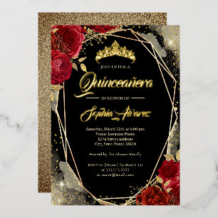 Bloemrijke Roze Rood Goud Zwart Tiara Quinceanera Folie Uitnodiging