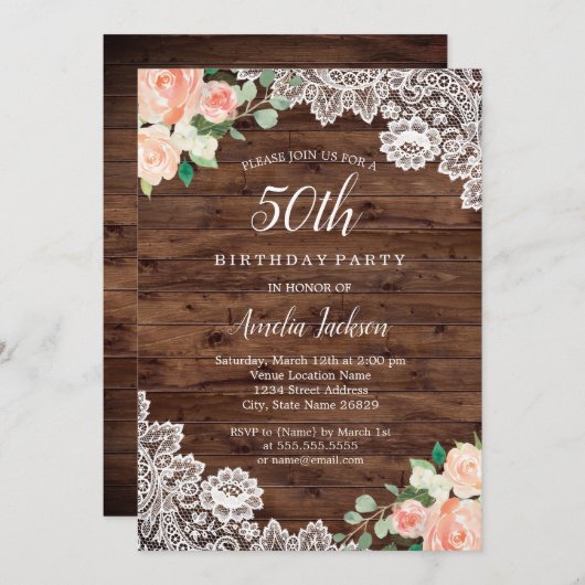 Bloemrijke Rustieke Houten Kant 50ste Verjaardag U Kaart (Voorkant / Achterkant)